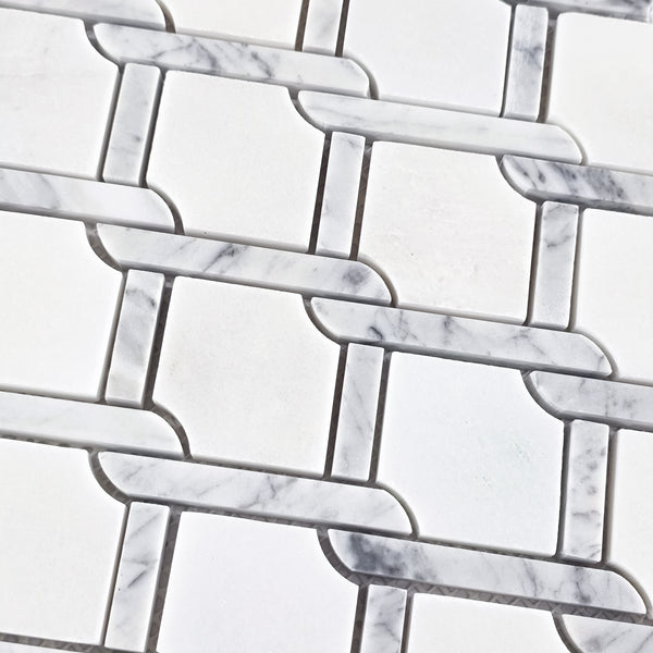 White Absolute Argyle with Bianco Carrara Bar Mosaic Polished - Elon Tile & Stone