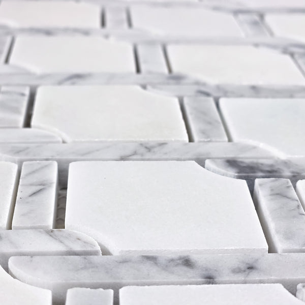 White Absolute Argyle with Bianco Carrara Bar Mosaic Polished - Elon Tile & Stone