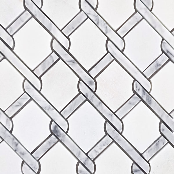 White Absolute Argyle with Bianco Carrara Bar Mosaic Polished - Elon Tile & Stone