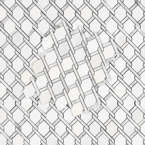 White Absolute Argyle with Bianco Carrara Bar Mosaic Polished - Elon Tile & Stone