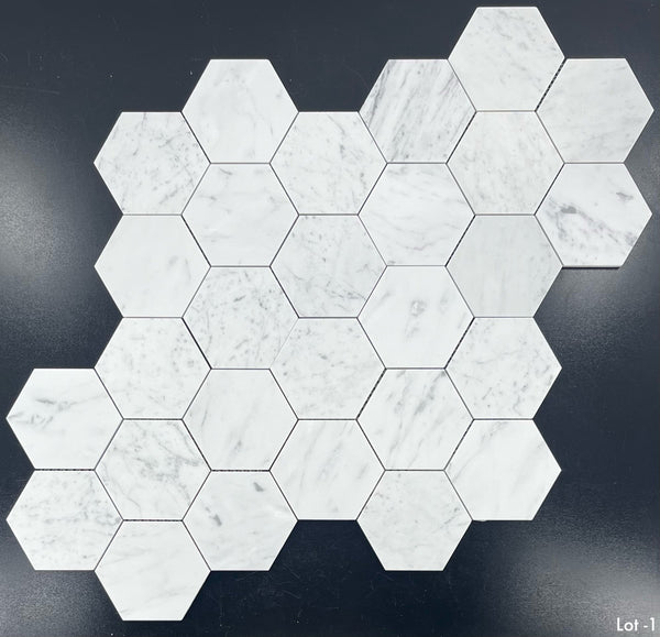 Bianco Carrara Mosaico hexagonal de 5" pulido