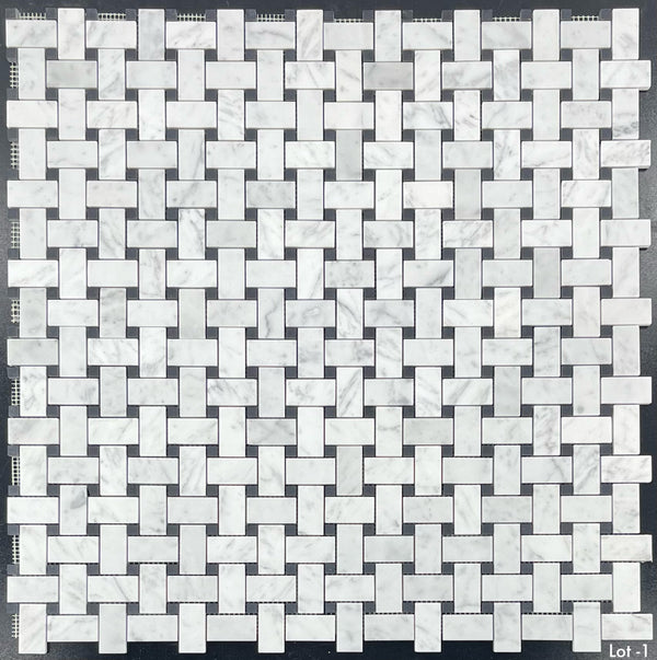 Bianco Carrara Basketweave with 3/8" Black Dot Mosaic Honed