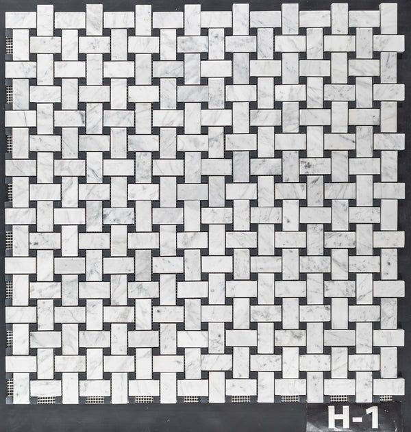 Bianco Carrara Basketweave with 3/8" Black Dot Mosaic Honed