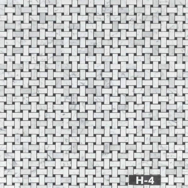 Bianco Carrara Basketweave with 3/8" Black Dot Mosaic Honed - Elon Tile & Stone