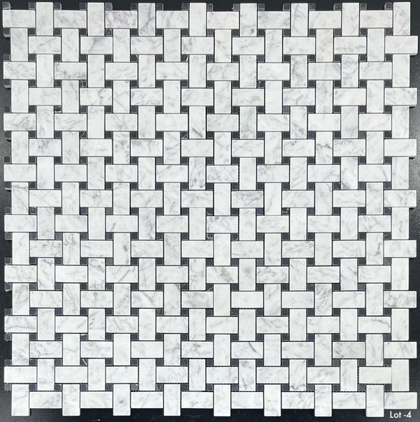 Bianco Carrara Basketweave with 3/8" Black Dot Mosaic Honed