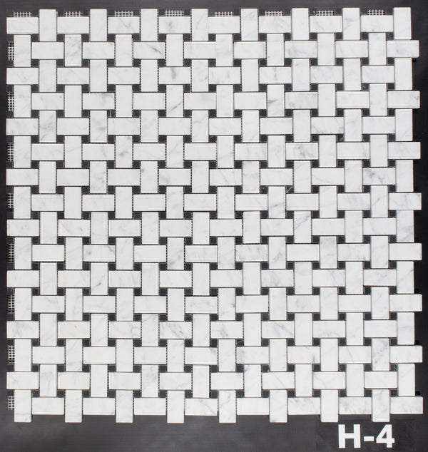 Bianco Carrara Basketweave with 3/8" Black Dot Mosaic Honed