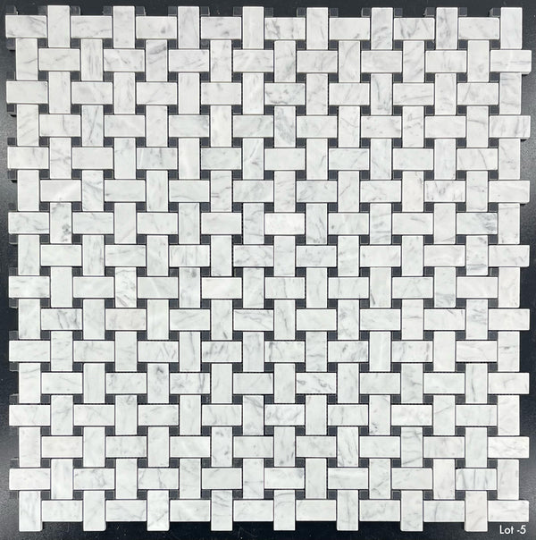 Bianco Carrara Basketweave with 3/8" Black Dot Mosaic Honed