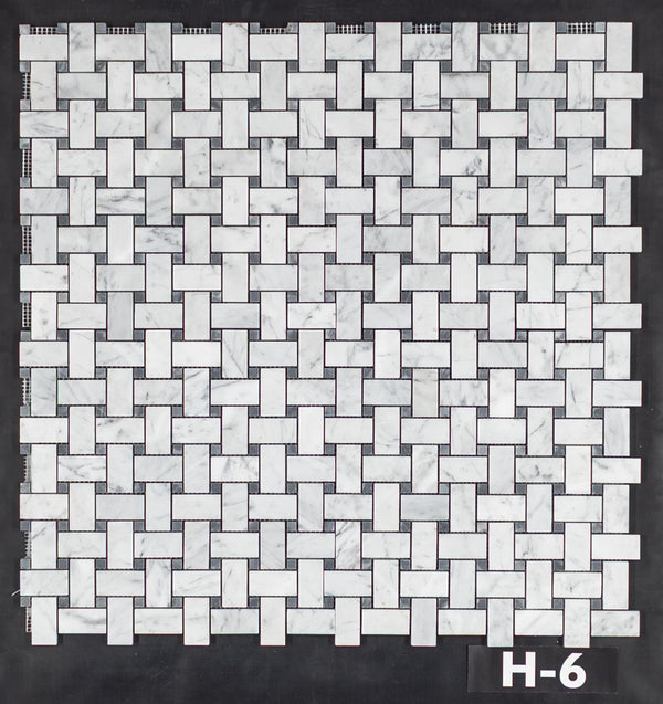 Bianco Carrara Basketweave with 3/8" Black Dot Mosaic Honed