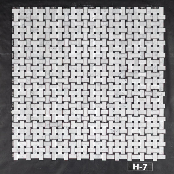 Bianco Carrara Basketweave with 3/8" Black Dot Mosaic Honed