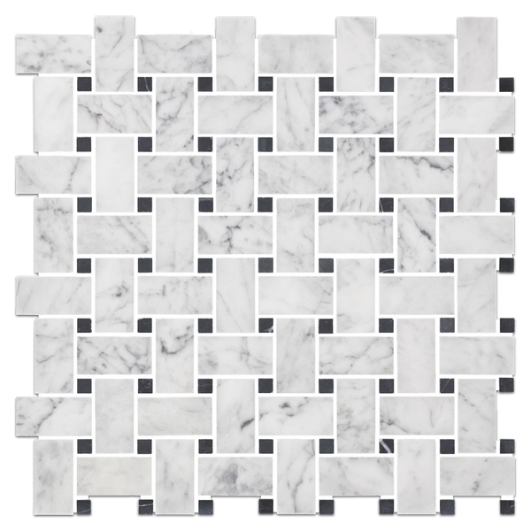 Bianco Carrara Basketweave with 3/8" Black Dot Mosaic Honed