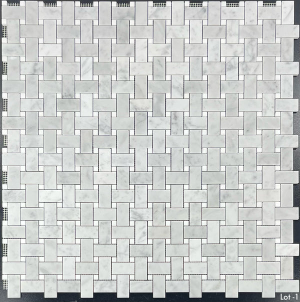 Bianco Carrara Basketweave with 3/8" White Thassos Dot Mosaic Honed