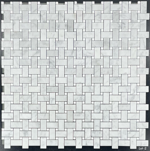 Bianco Carrara Basketweave with 3/8" White Thassos Dot Mosaic Honed