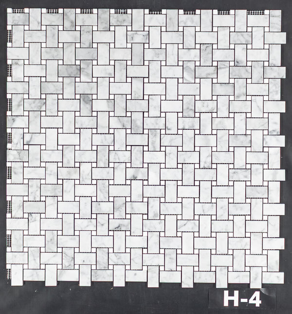 Bianco Carrara Basketweave with 3/8" White Thassos Dot Mosaic Honed