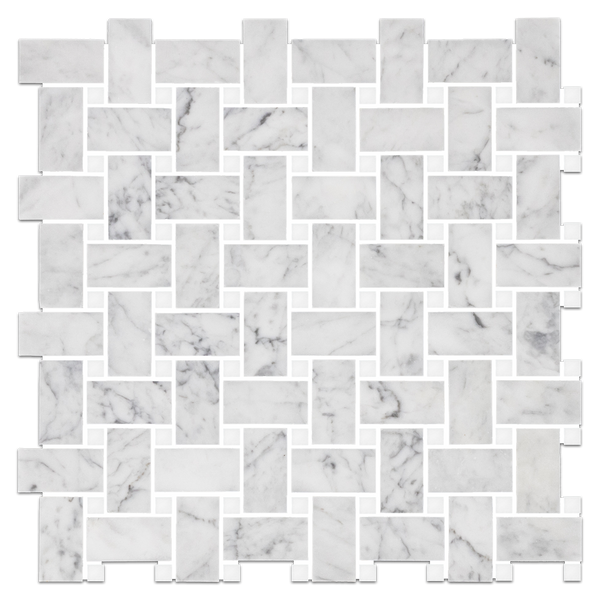 Bianco Carrara Basketweave with 3/8" White Thassos Dot Mosaic Honed