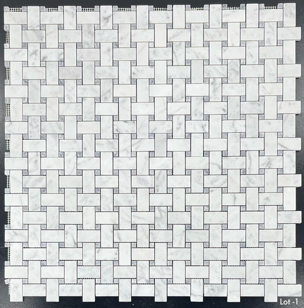 Tejido de cesta Bianco Carrara con mosaico de puntos gris pacífico de 3/8" pulido