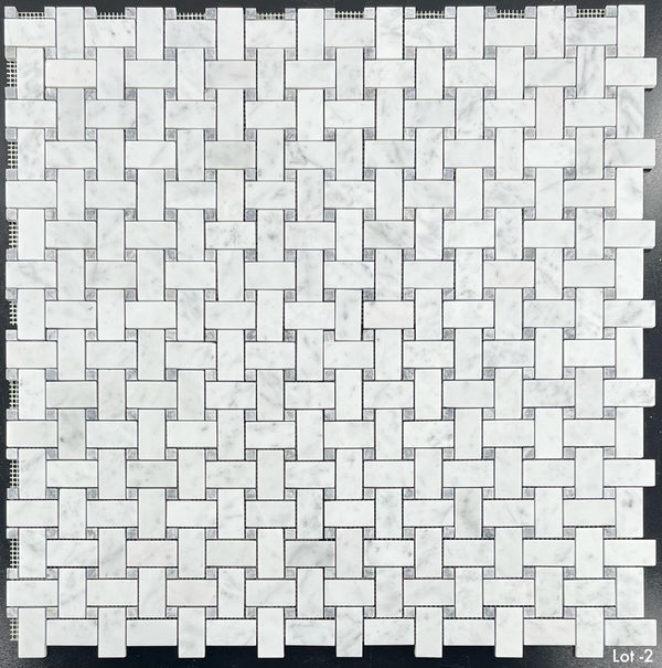 Tejido de cesta Bianco Carrara con mosaico de puntos gris pacífico de 3/8" pulido