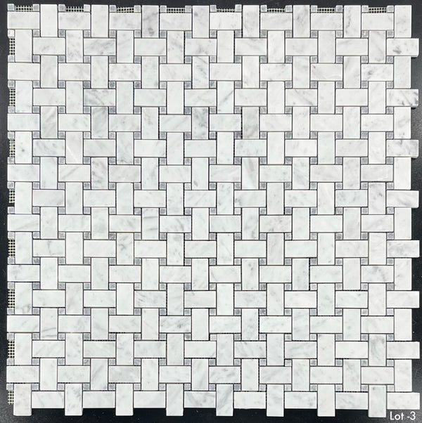Bianco Carrara Basketweave with 3/8" Pacific Gray Dot Mosaic Honed