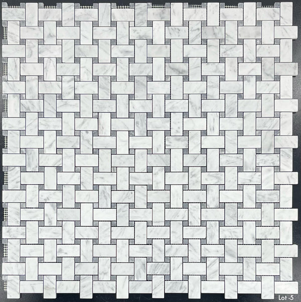 Bianco Carrara Basketweave with 3/8" Pacific Gray Dot Mosaic Honed