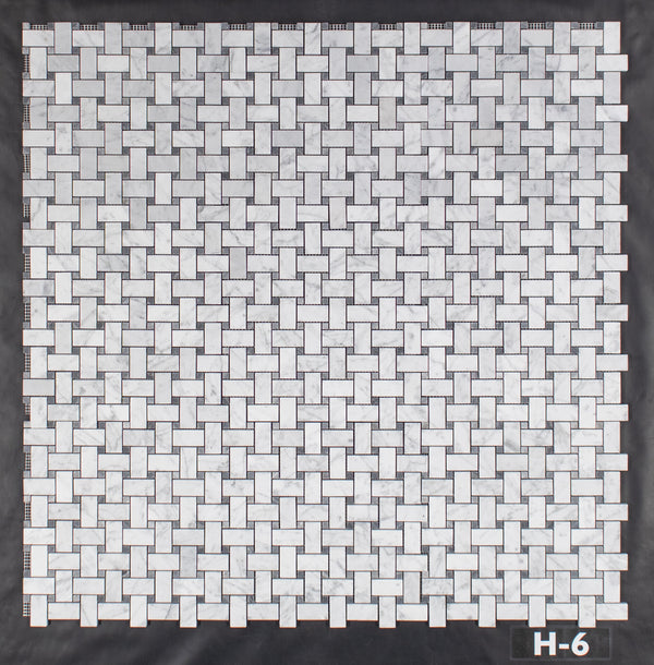 Tejido de cesta Bianco Carrara con mosaico de puntos gris pacífico de 3/8" pulido