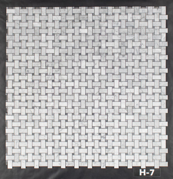 Bianco Carrara Basketweave with 3/8" Pacific Gray Dot Mosaic Honed