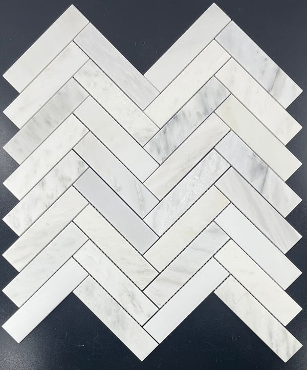 Pearl White 2" x 8" Herringbone Mosaic Honed