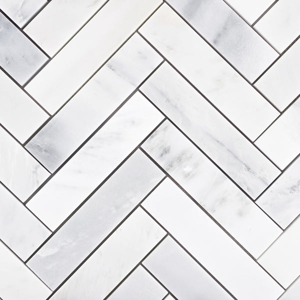 Pearl White 2" x 8" Herringbone Mosaic Honed