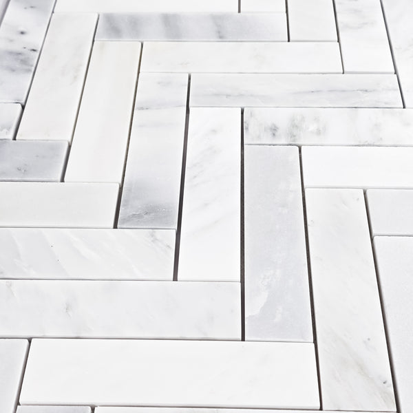 Pearl White 2" x 8" Herringbone Mosaic Honed