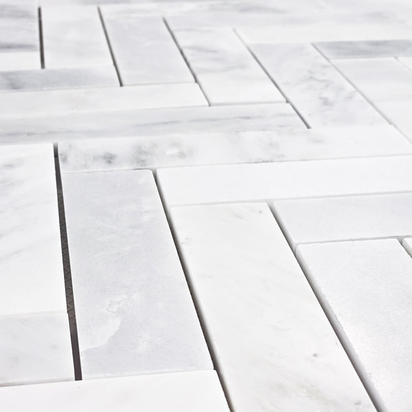 Pearl White 2" x 8" Herringbone Mosaic Honed