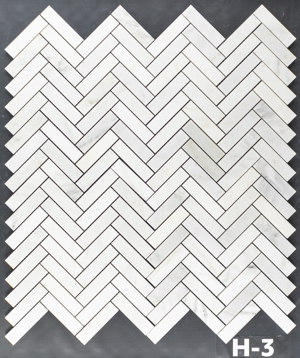 Pearl White 1" x 4" Herringbone Mosaic Honed