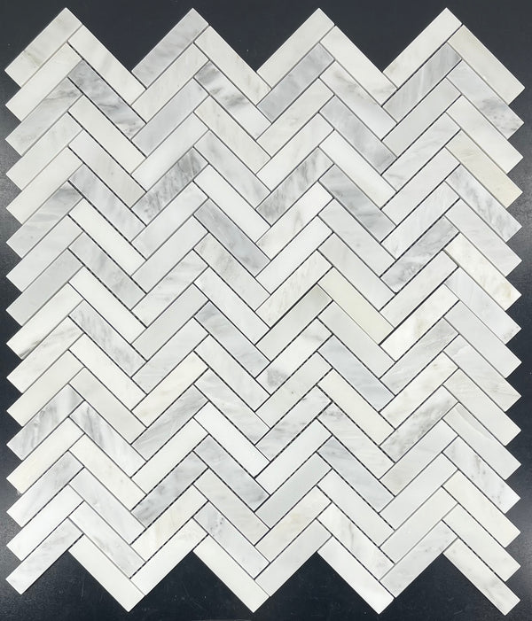 Pearl White 1" x 4" Herringbone Mosaic Honed