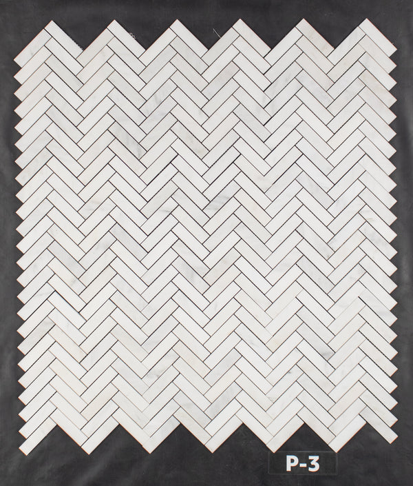 Pearl White 1" x 4" Herringbone Mosaic Polished - Elon Tile & Stone