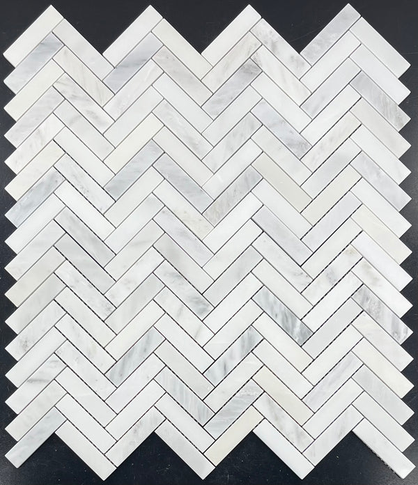 Pearl White 1" x 4" Herringbone Mosaic Polished - Elon Tile & Stone