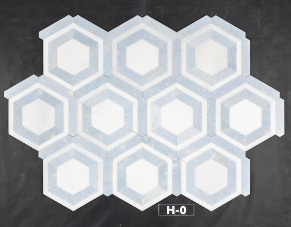 White Absolute Honeycomb with Blue Celeste Mosaic Honed - Elon Tile & Stone