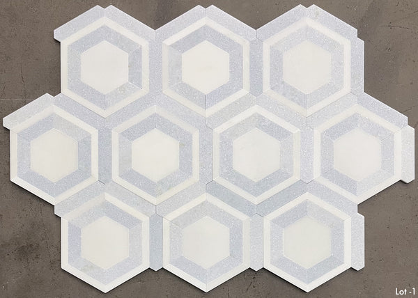 White Absolute Honeycomb with Blue Celeste Mosaic Honed