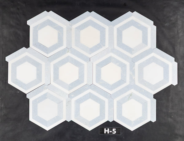 White Absolute Honeycomb with Blue Celeste Mosaic Honed
