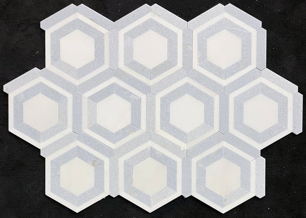 White Absolute Honeycomb with Blue Celeste Mosaic Honed