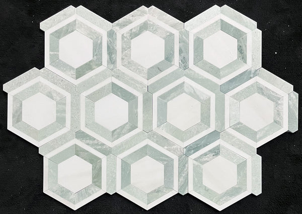 White Absolute Honeycomb with Ming Green Mosaic Honed