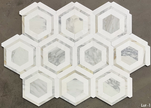 Calacatta Gold Honeycomb with White Thassos Mosaic Honed