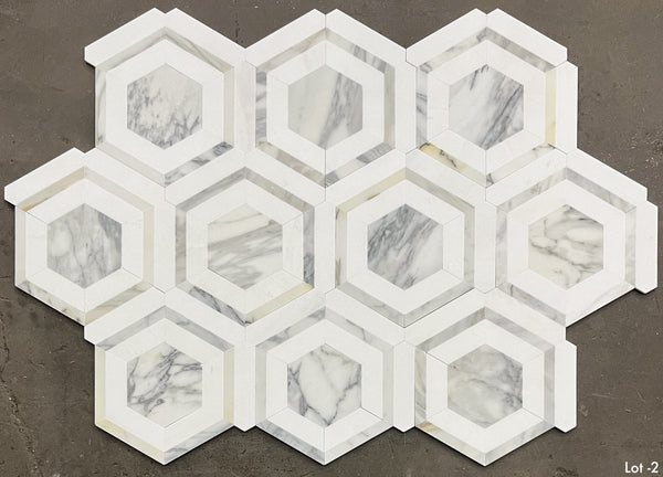 Calacatta Gold Honeycomb with White Thassos Mosaic Honed