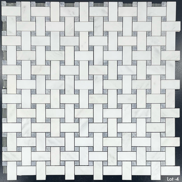 Pearl White Basketweave with 5/8" Pacific Gray Dot Mosaic Honed