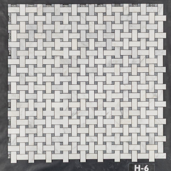 Pearl White Basketweave with 5/8" Pacific Gray Dot Mosaic Honed
