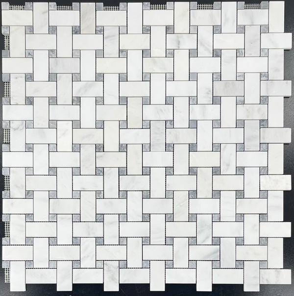 Pearl White Basketweave with 5/8" Pacific Gray Dot Mosaic Honed