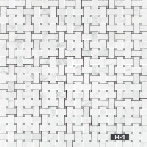 Pearl White Extra Large Basketweave with 5/8" Pacific Gray Dot Mosaic Honed - Elon Tile & Stone