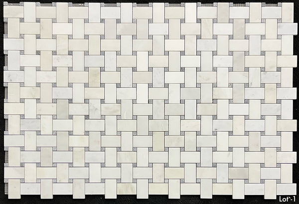 Pearl White Extra Large Basketweave with 5/8" Pacific Gray Dot Mosaic Honed