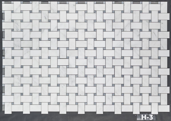 Pearl White Extra Large Basketweave with 5/8" Pacific Gray Dot Mosaic Honed