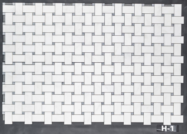 Pearl White Extra Large Basketweave with 5/8" Pacific Gray Dot Mosaic Honed