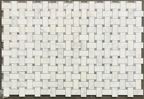 Pearl White Extra Large Basketweave with 5/8" Pacific Gray Dot Mosaic Honed