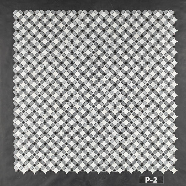 Flor gris pacífico con mosaico de puntos blanco perla y negro pulido