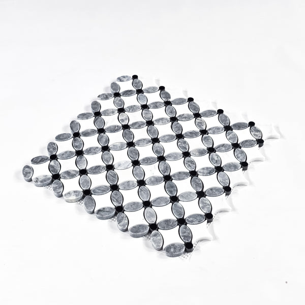 Pacific Gray Fleur with Pearl White and Black Dot Mosaic Polished - Elon Tile & Stone