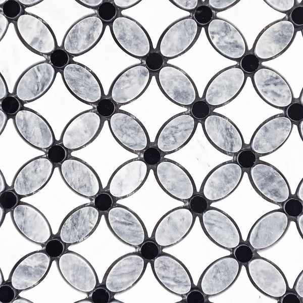 Pacific Gray Fleur with Pearl White and Black Dot Mosaic Polished - Elon Tile & Stone